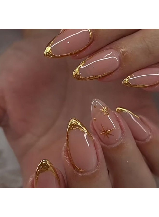 JOSQUEWNN Press On False Nails,24pcs French-Style French Almond Gold Starburst 3D Fake Nails, Perfectly Create a Fashionable Nail Art Effect. Fake Acrylic Nails With Glue Kit. - Image 1